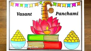 Vasant Panchmi Drawing easy | Basant Panchmi Poster Drawing | Saraswati Puja Drawing easy steps
