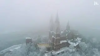 A drone view of Holy Hill surrounded in rime ice