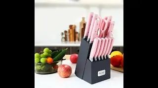 hecef Kitchen Knife Block Set, 14 Pieces Knife Set with Wooden Block & Sharpener