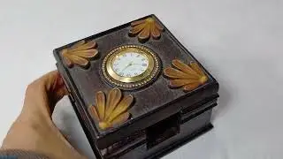 Vintage Jewelry Box Trinket with Sliding Top Cover, Clock and Flowers Accent
