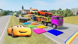 Flatbed Trailer McQueen | Transportation with Truck - Lava Pothole vs Car vs Train 🚂 #beamng #19 