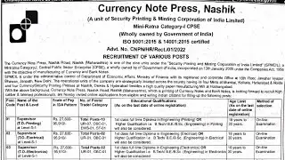 Currency Note Press (CNP), Nashik Supervisor & Jr. Technician Online Form 2022 || Total Vacancy: 125