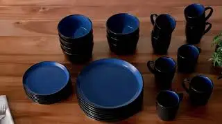 Best Stone Lain 32 Piece Glazed Stoneware Dinnerware Set, Service 8, Blue and Black