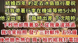 結婚四年 約定去冰島旅行慶祝，可我帶著行李在機場等他5小時，他沒出現：臨時出差 下次陪妳，下秒他卻攬著女人從我身邊路過，我冷笑拍照，發了三封郵件。五分鐘後他臉色煞白，瘋了般的給我打電話#復仇 #爽文