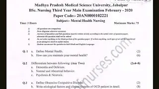 MPMSU 2020 BSc Nursing 3rd Year Mental Health Nursing Question Paper | PYQ | Solved