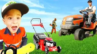 Lawn mowers leaf blower weed wacker for Kids Video | fire truck, garbage lorry, blippi toys | min