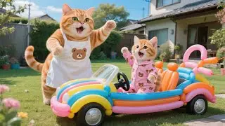 Ginger Kitten Makes a Balloon Car, Mama Cat Beams with Pride 🎈🐱🚗 | Funny Cat Videos