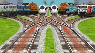 Diesel And Electric Trains Crossing By Diamond Railroad Tracks l realistic train game videos#railway