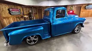Sweet 1956 Chevy pickup #lowcarshifter #1956chevy #pickup #chevytrucks #stepside #blue #chevyengine