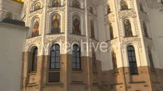 Towers Images in a Semicircular Windows White Walls and Golden Cupolas Dormition Cathedral Holy
