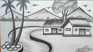 Beautiful Scenery Drawing With Pencil | Nature Drawing For Beginners | House Drawing Pictures 