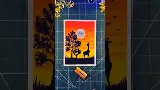 Giraffe 🦒 Silhouette at Sunset | Gallery Soft Oil Pastels Scenery Drawing Step by Step #shorts#art