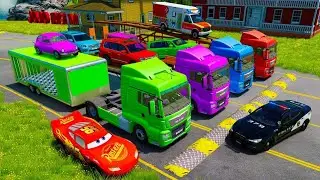 Triple Flatbed Trailer McQueen Transportation with Truck - Speedbumps vs Cars vs Train - BeamNG.
