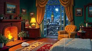 Cozy Christmas bedroom with warm lights, soft snowfall, and sleepy jazz vintage 1930s mood night zen
