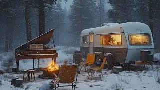 Camping Jazz Music by the Fire ❄️ Warm Up Your Winter with Cozy Caravan and Snowy Forest Ambience