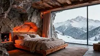 Scandinavian Mountain Bedroom Carved in Rock 🔥 Cozy Fireplace Ambience & 4 Hours Relaxing video