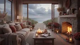 Cozy Autumn Seaside Ambience | Beach House Fireplace & Ocean