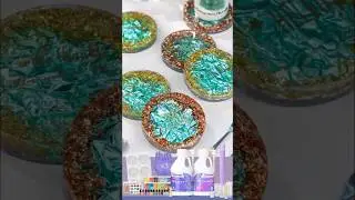 These teal resin coasters with gold & copper foil ✨ Crystal-clear. Glossy