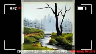New oil pastel drawing of landscape with trees and waterfall