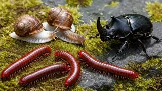 Wow‼️The Moment a Bright Red Millipede Encounters a Rhino Beetle and Wild Snail #insectencounter