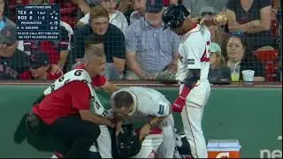 Bat boy gets drilled in the head by a foul ball as fans do the wave behind him TEX @ BOS 08-13-2024