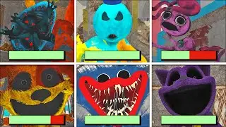 Poppy Playtime, главы 1-4 — все пугающие моменты и концовки в ярком режиме с полосками здоровья.