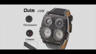Oulm Men's Survival Watch with Compass and Thermometer Analog Leather Band