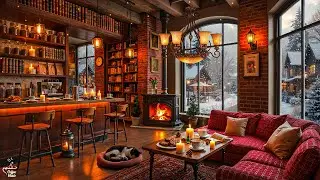 Relaxing Winter Background Jazz Music for Study ☕ Snowy Coffee Shop Ambience & Cozy Fireplace Sounds