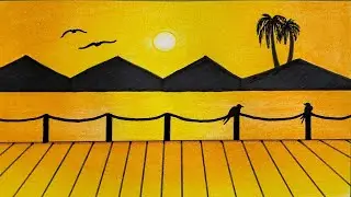 Peaceful Sunset Mountain Scenery Drawing | Evening Nature Scenery | Realistic Natural Art 