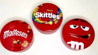 Satisfying ASMR Unboxing Video Mixing Rainbow Candy and Open M&M's and Skittles, Maltesers Red Tins