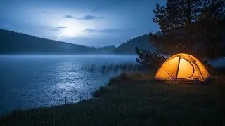 Lakeside Tent Rain Ambience 🌧️ Cozy Night by a Still Lake with Soft Thunder (4K)