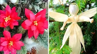 Christmas Angel.Рождественский  цветок и ангелочек  из листьев початков кукурузы.