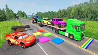 Flatbed Truck McQueen /Transportation with Truck - Pothole vs Car #001 / BeamNG.Drive Gameplay