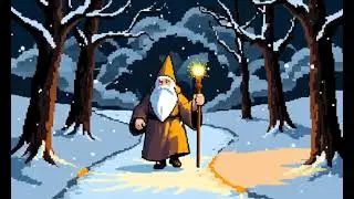 A cinematic dark fantasy pixel art scene   An elderly wizard walking slowly along a narrow path thro