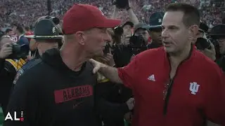 Alabama's Kalen DeBoer shakes hands with Indiana's Curt Cignetti & leaves the field at the Rose Bowl