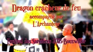 Dragon cracheur de feu accompagné par L'Archanteur au Festival des Sorcières 2025 Bouxwiller