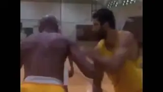 43 year old Kareem Abdul Jabar guarding 21 year old Vlade Divac
