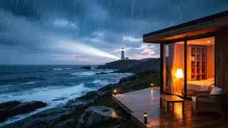 12 HRS Heavy Coastal Rain & Ocean Waves for Deep Sleep 🌊 | Cozy Lighthouse View #NoAds