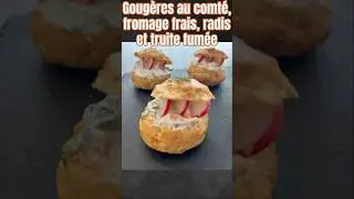 Goug&egrave;res au comt&eacute; , truite fum&eacute;e, fromage frais et radis