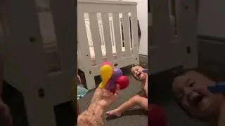 Mum tickles the twins baby with balloons fingers #shorts