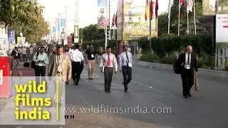 People heading towards the Defence Expo at Pragati Maidan, Delhi