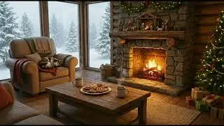 Cabin with snow scene and cozy fire