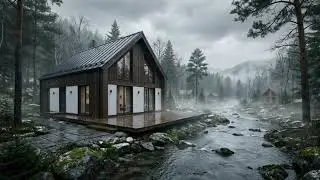 Scandinavian Riverside Cabin | Drizzle, Light Snow & Distant Thunder Ambience