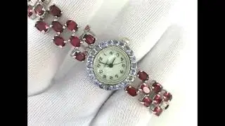 Mesmerizing Silver Bracelet Ladies' Watch With Natural Garnet & Blue Tanzanite