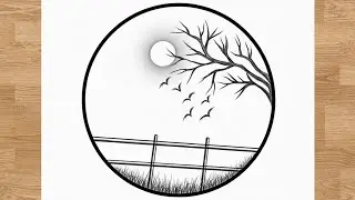 Easy Circle Scenery Drawing with Pencil | Moon Night Drawing Step by Step #drawing #art #scenery 