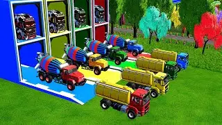 Garage with Colors - ALL MIXER TRUCK WITH FLATBED TRAILER TRUCK, PETERBILT, RENAULT, KOMATSU - FS22