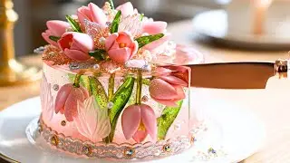 【ASMR】ピンクのお花モチーフのガラスケーキをカットする澄んだ音｜Pink Flower Crystal Glass Cake Cutting