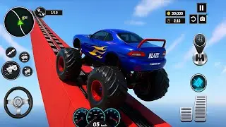 Crazy Blue Monster Truck With Large Wheels Mega Ramp Impossible Stunt And Race Part 2