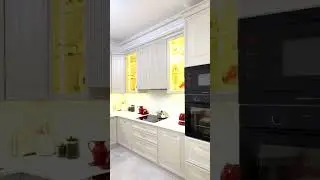 Красивая угловая бежевая кухня с высокой витриной до потолка #дизайнкухни #kitchen #кухонныедверцы