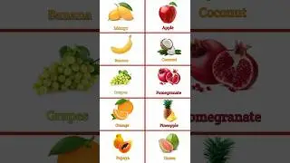 Ten fruits Names. Mango Apple Banana Coconut Grapes pomegranate orange pineapple papaya guava